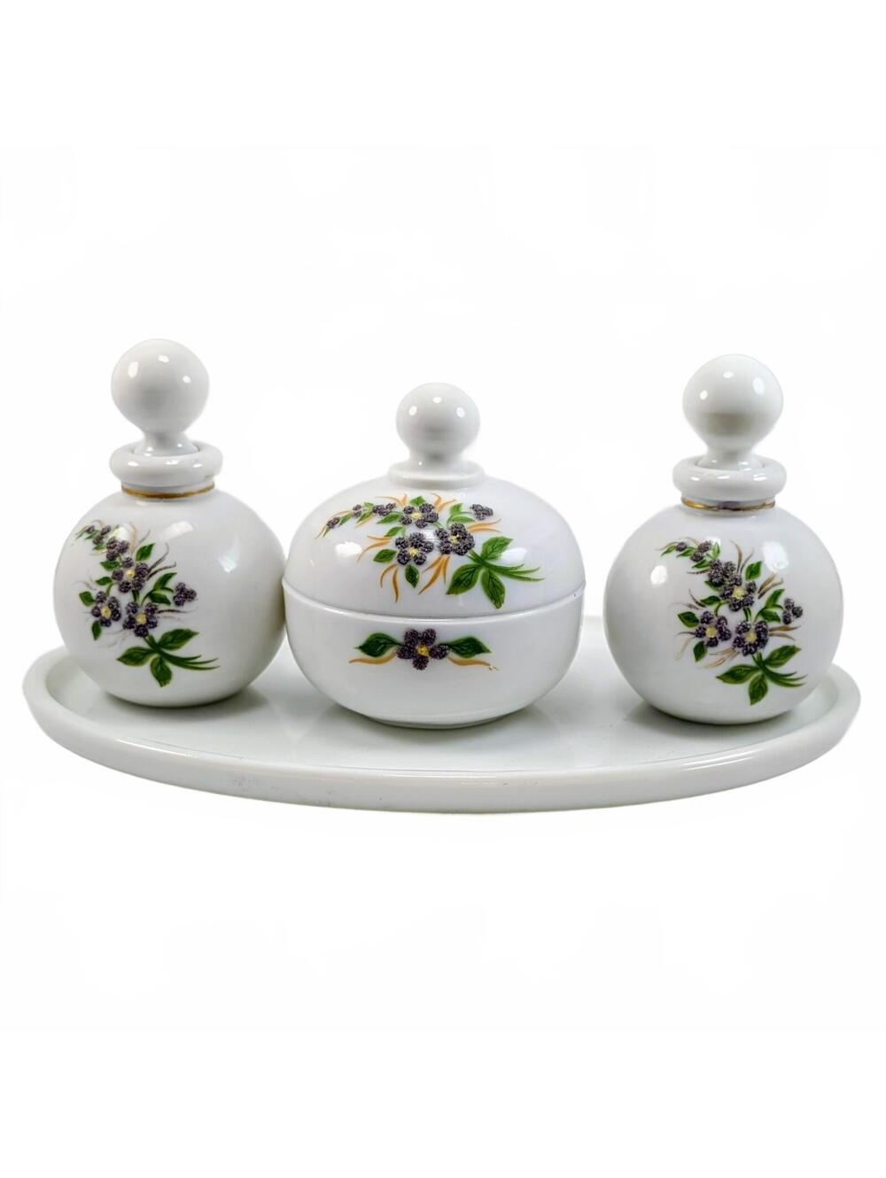 Vtg Westmoreland Milk Glass Beaded Bouquet 7-Piece Dresser Set #1902